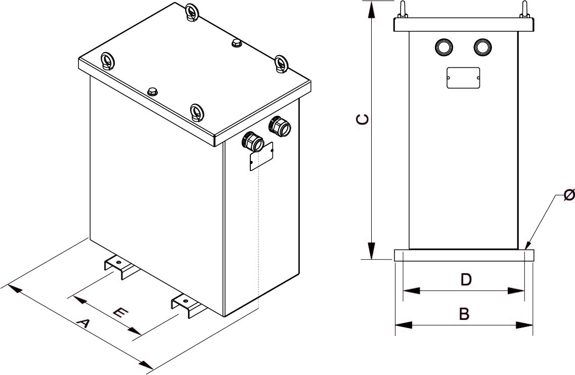 Plano de Transformateurs dʼisolement triphasés. Série TTGZ. Puissance de 12,5 kVA