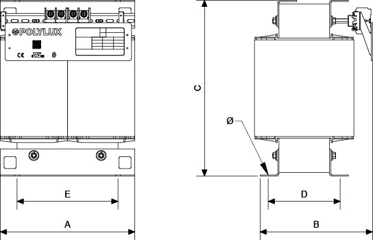 Plano de Transformateurs dʼisolement monophasés avec point de connexion bas (<=5In). Puissance de 16 kVA