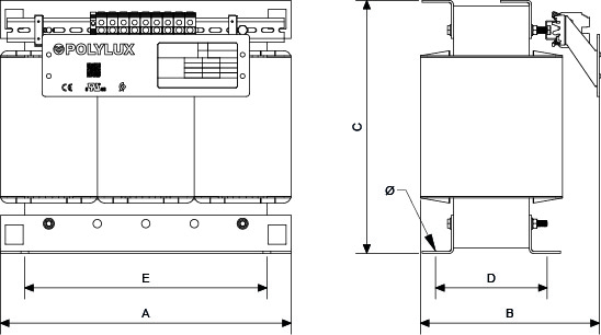 Plano de Transformateurs dʼisolement triphasés. Série TTGX. Puissance de 12,5 kVA