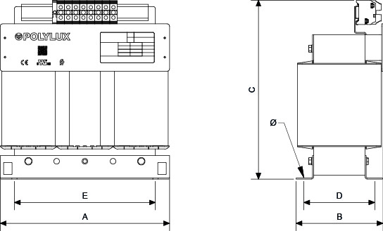 Plano de Transformateurs dʼisolement triphasés monophasés. TTKX. Puissance de 2,5 kVA