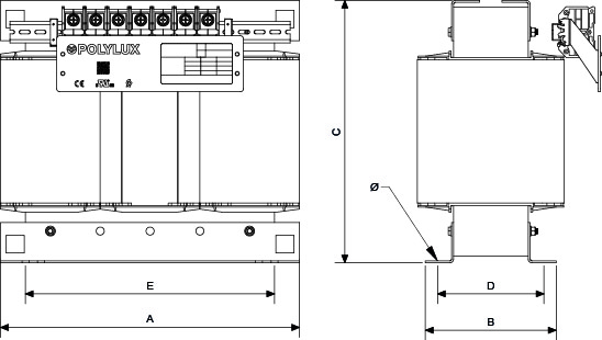 Plano de Transformadores aislamiento trifásico-monofásico. TTKX. Potencia de 12,5 kVA
