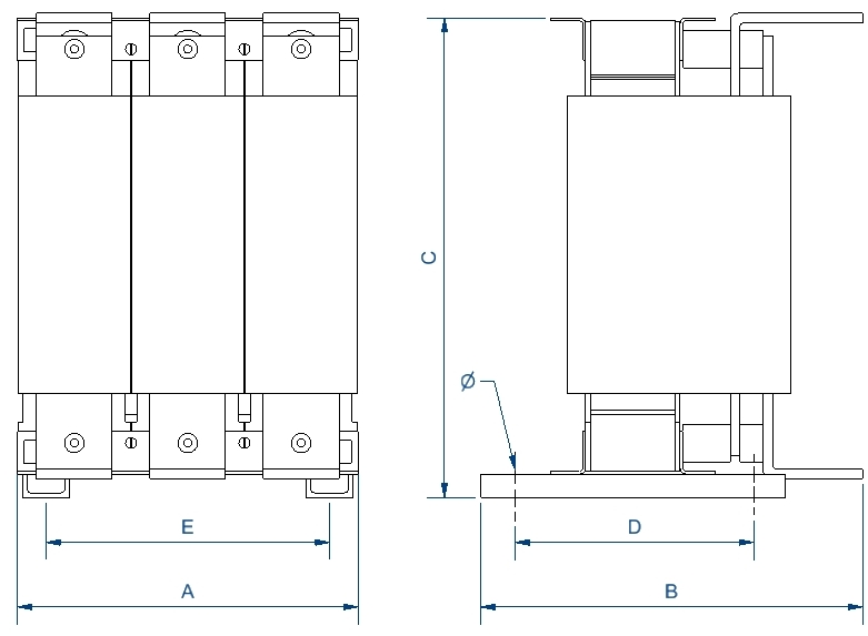 Plano de Inductancias filtrado armónicos trifásico. Series RTLX. Intensidad nominal de 800 A