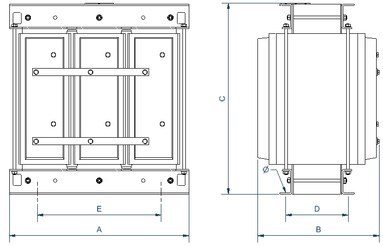 Plano de Transformateurs dʼisolement triphasés. Série TTE. Puissance de 80 kVA