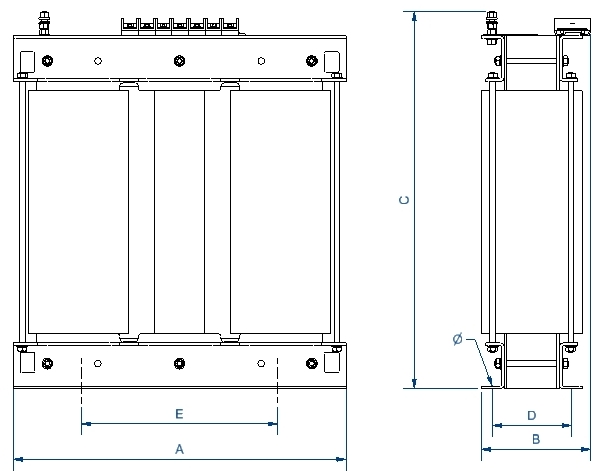 Plano de Transformadores aislamiento trifásico-monofásico. TTKX. Potencia de 25 kVA