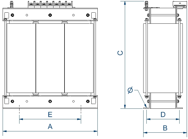 Plano de Transformadores de aislamiento trifásico. Serie TTX. Potencia de 200 kVA