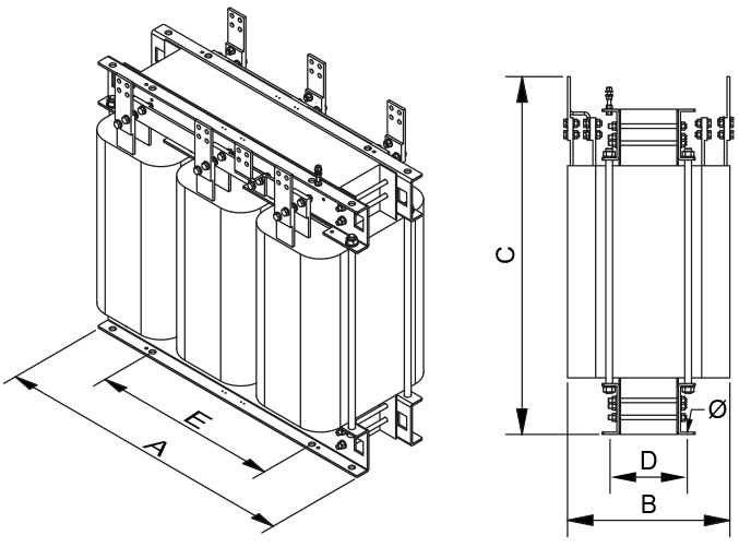 Plano de Transformateurs dʼisolement triphasés. Série TTE. Puissance de 200 kVA