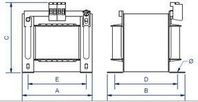Plano de Transformateurs dʼisolement monophasés Série PXR. Puissance de 630 VA